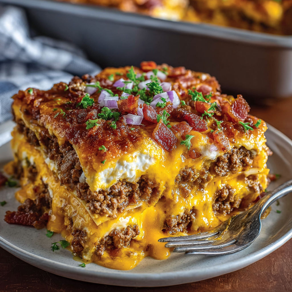 A delicious Bacon Cheeseburger Pan Lasagna is served on a plate.