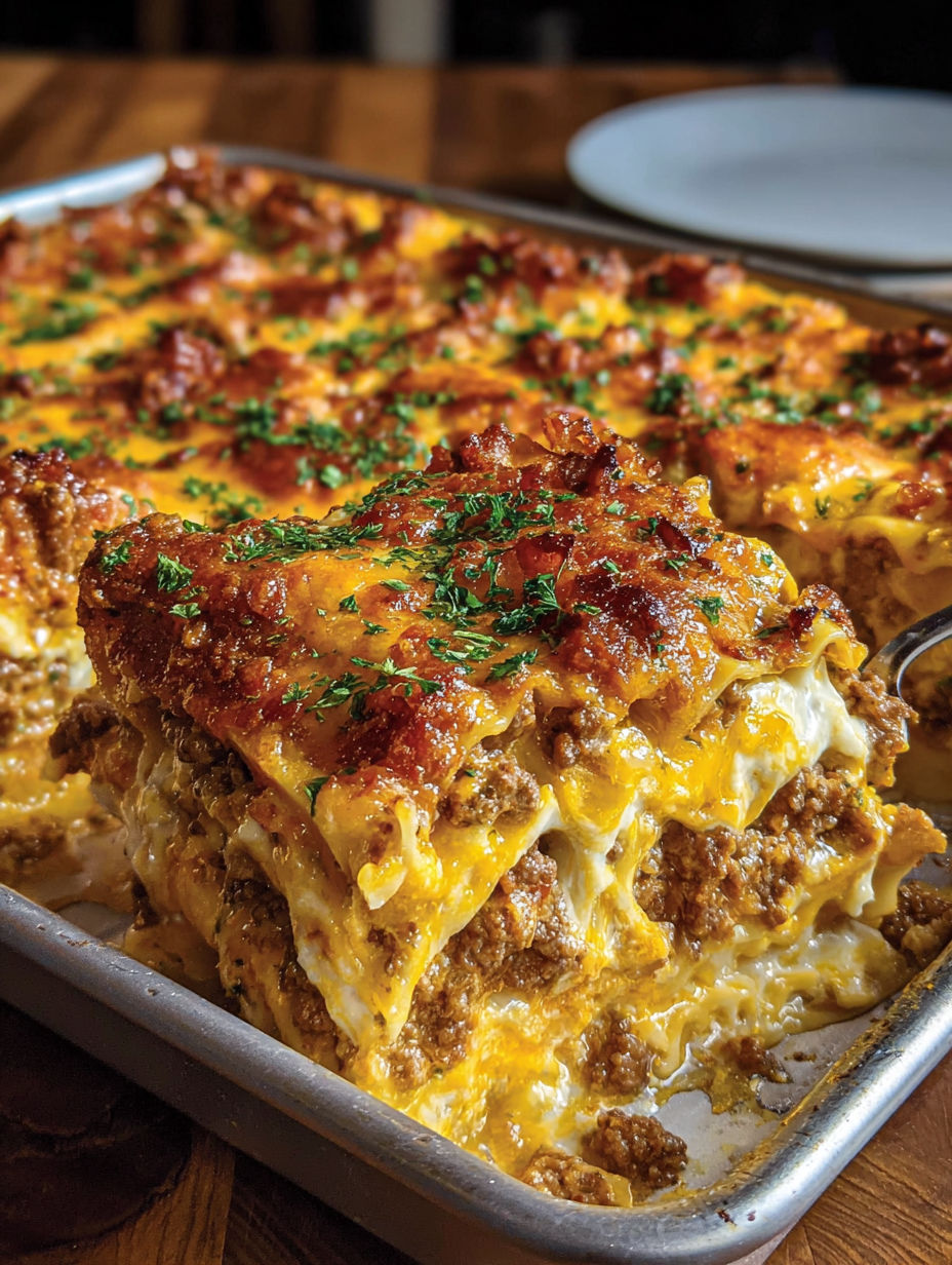 A pan of lasagna with cheese and meat on top.