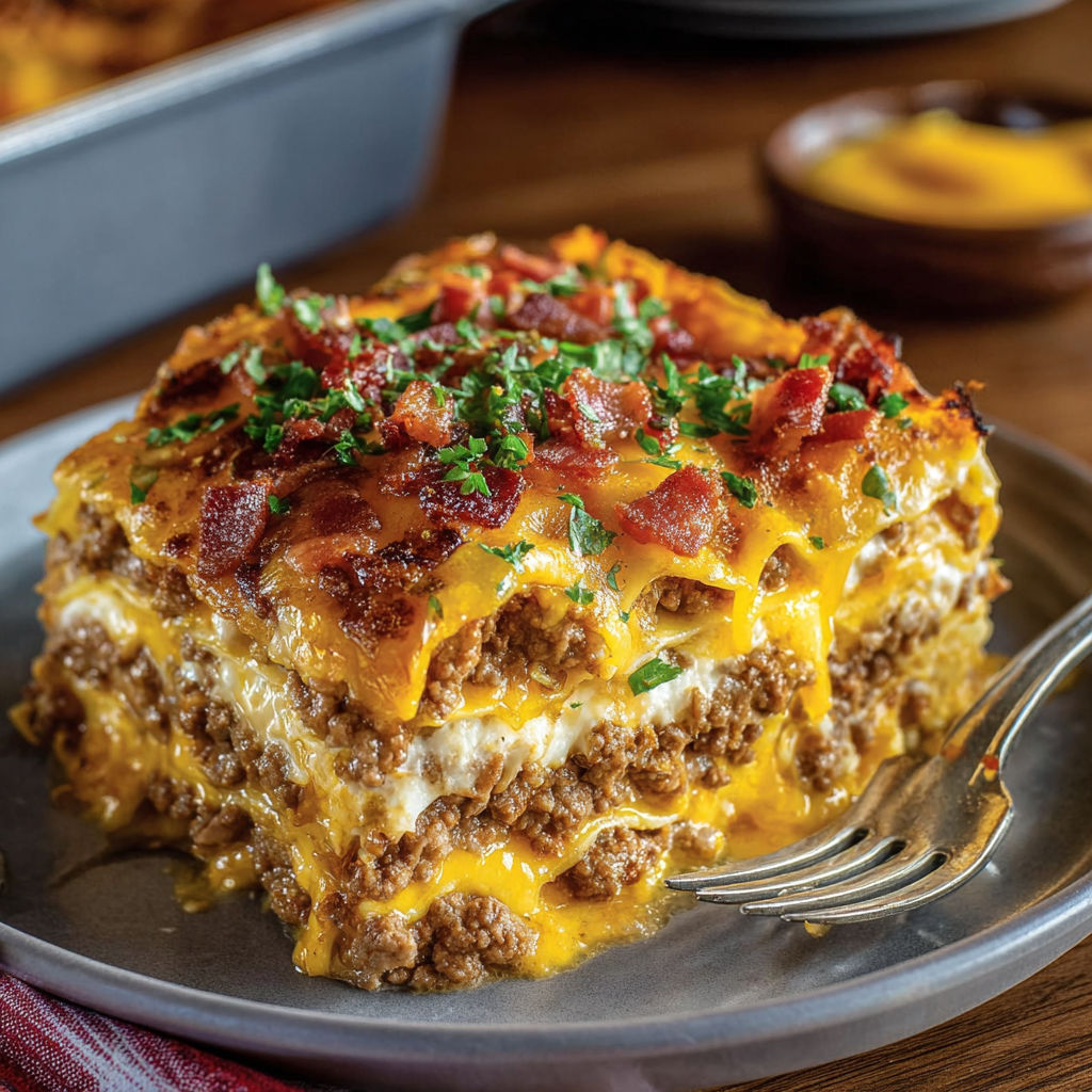 A delicious bacon and cheese casserole is served on a silver platter.