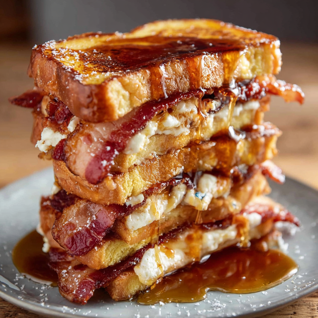 A stack of French toast with bacon and cheese on a plate.