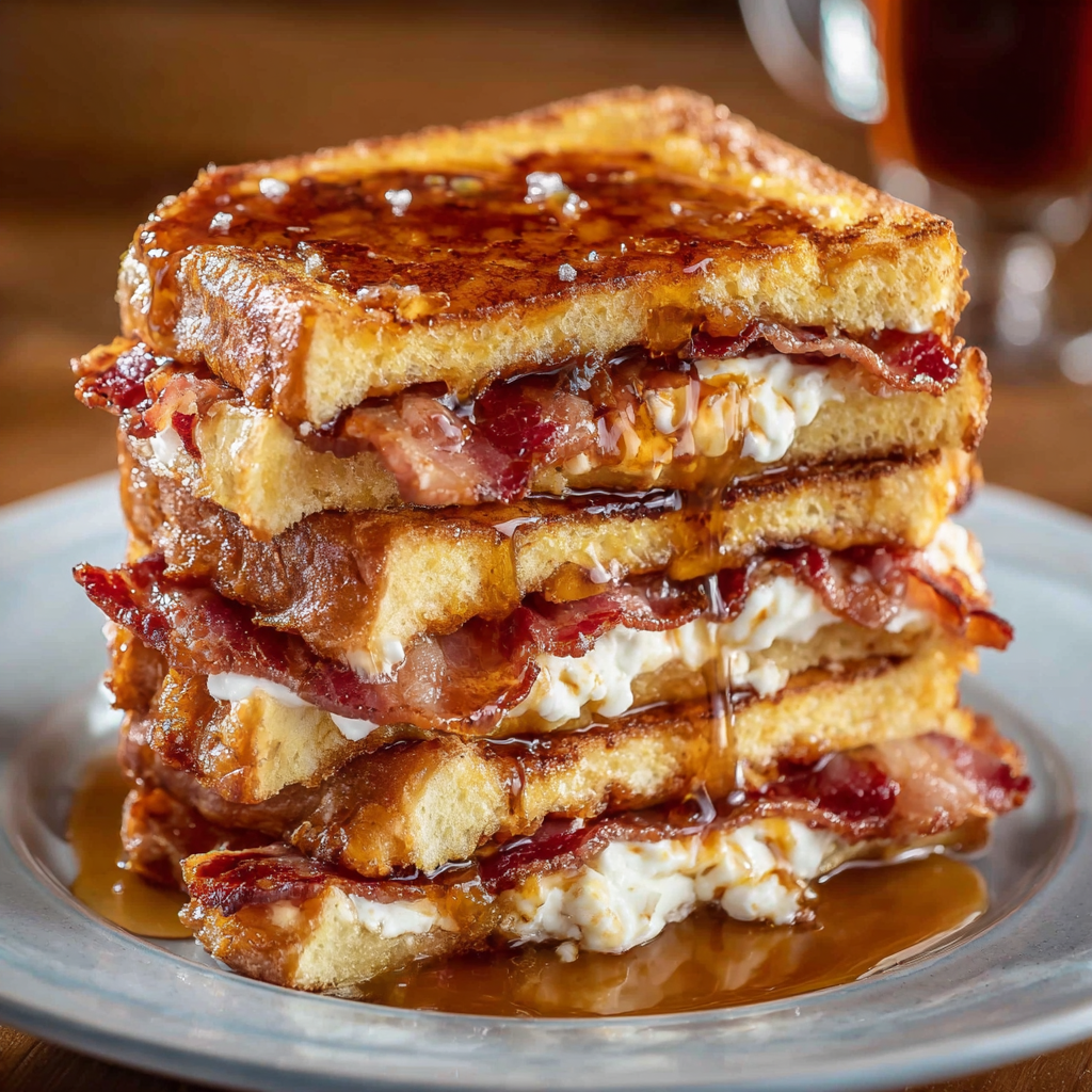 A stack of bacon and cheese sandwiches on a plate, drizzled with maple syrup.