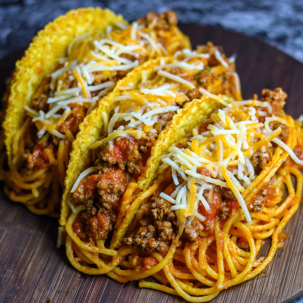 A delicious meal of Spaghetti Tacos Ground Beef, served on a wooden platter.