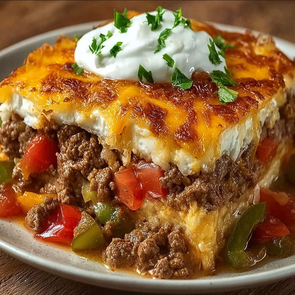 A delicious John Wayne Casserole is served on a plate, topped with a dollop of sour cream and a sprinkle of green onions.