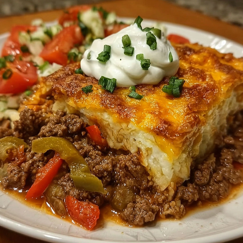 A plate of food with a meat and vegetable dish, including a meat pie, tomatoes, and peppers.