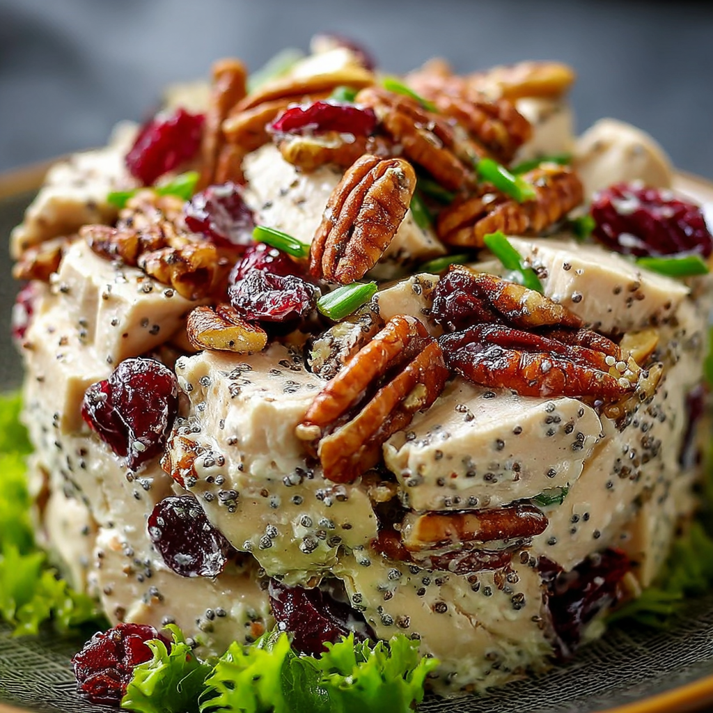 A plate of Cranberry Pecan Chicken Salad with Poppy Seed Dressing.