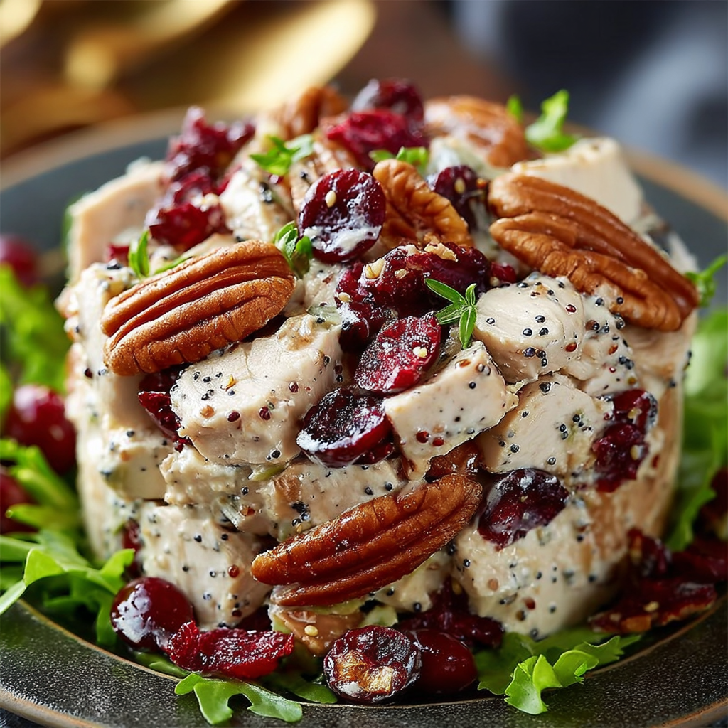 A plate of food with a variety of ingredients, including meat, nuts, and berries, is presented on a dining table. The dish appears to be a nutritious and delicious meal, possibly a chicken salad or a similar recipe.