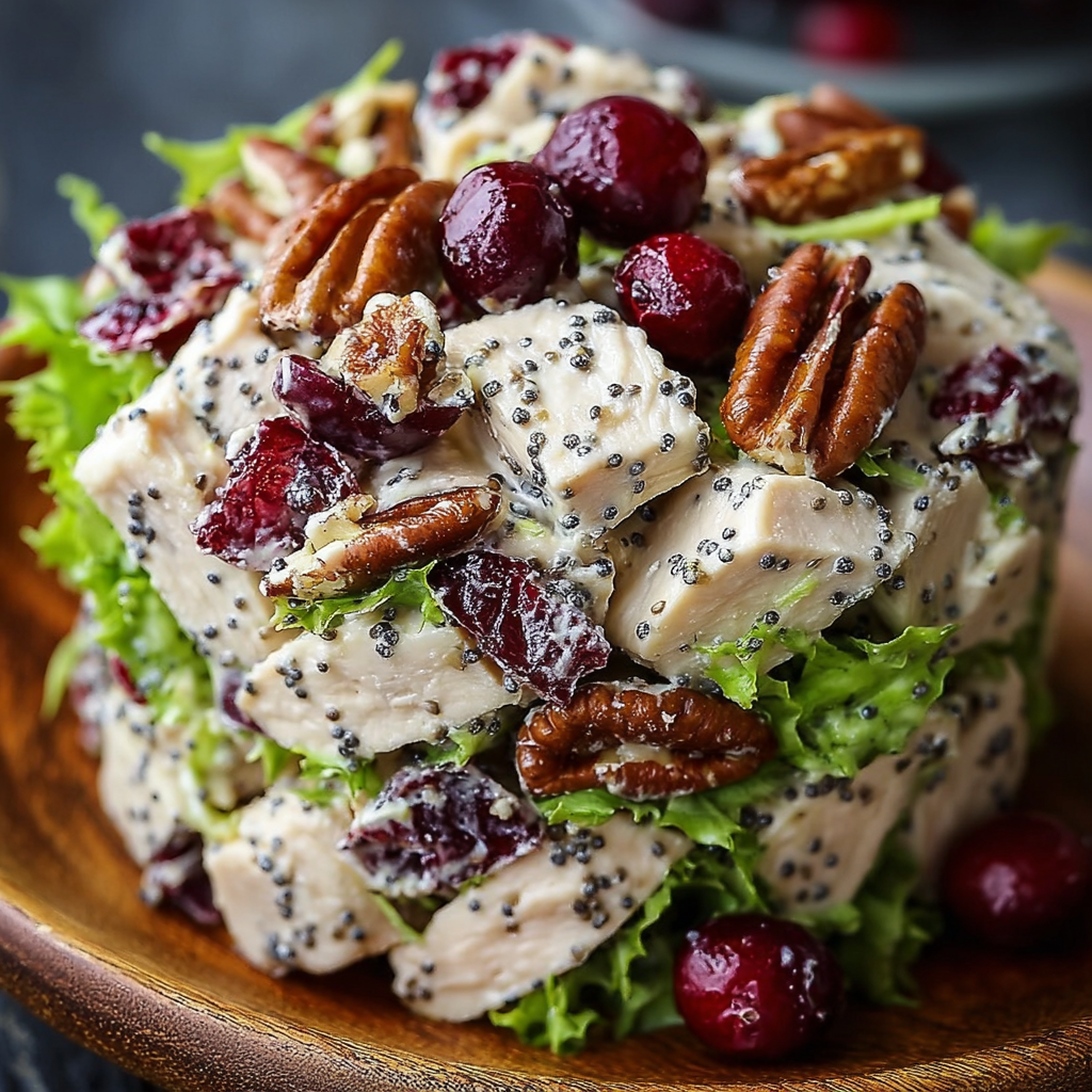 A close up of a salad with chicken, cranberries, and walnuts, served on a wooden platter.