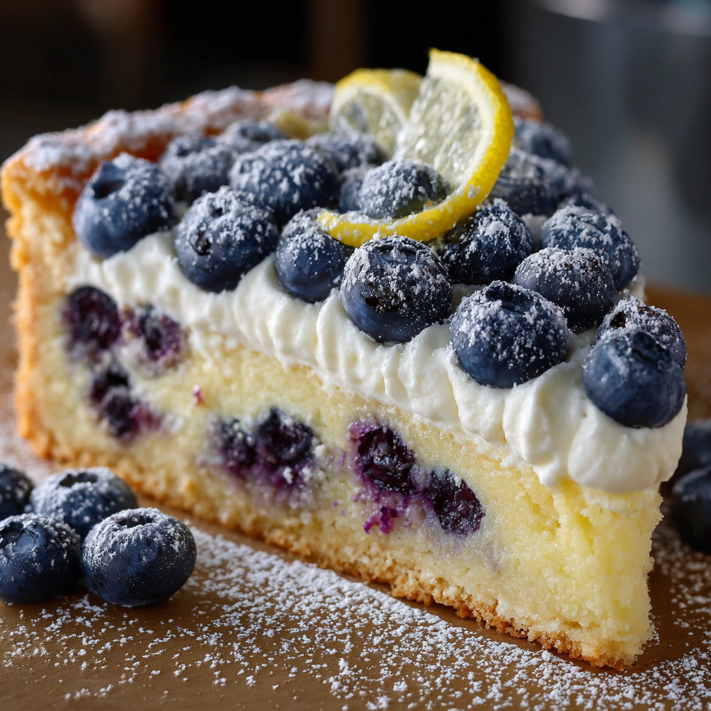 A slice of Blueberry Lemon Creme Cake with powdered sugar on top.