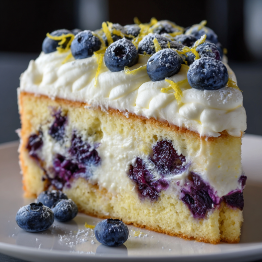 A slice of cake with blueberries and whipped cream on a plate.