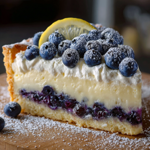 A slice of blueberry cheesecake with a lemon wedge on top.