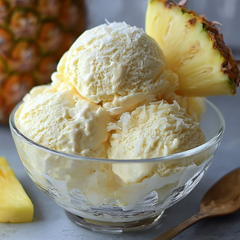A bowl of Pineapple Ice Cream is served in a glass bowl.