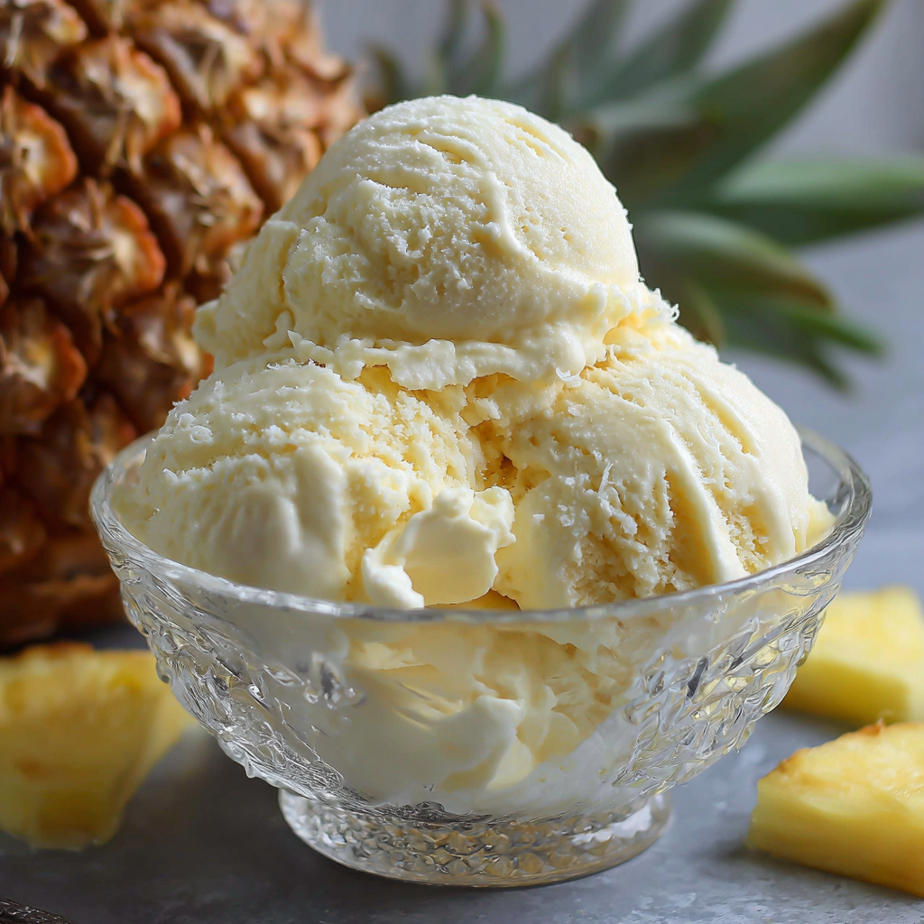 A bowl of ice cream is placed on a table, with a pineapple and a pineapple wedge nearby.