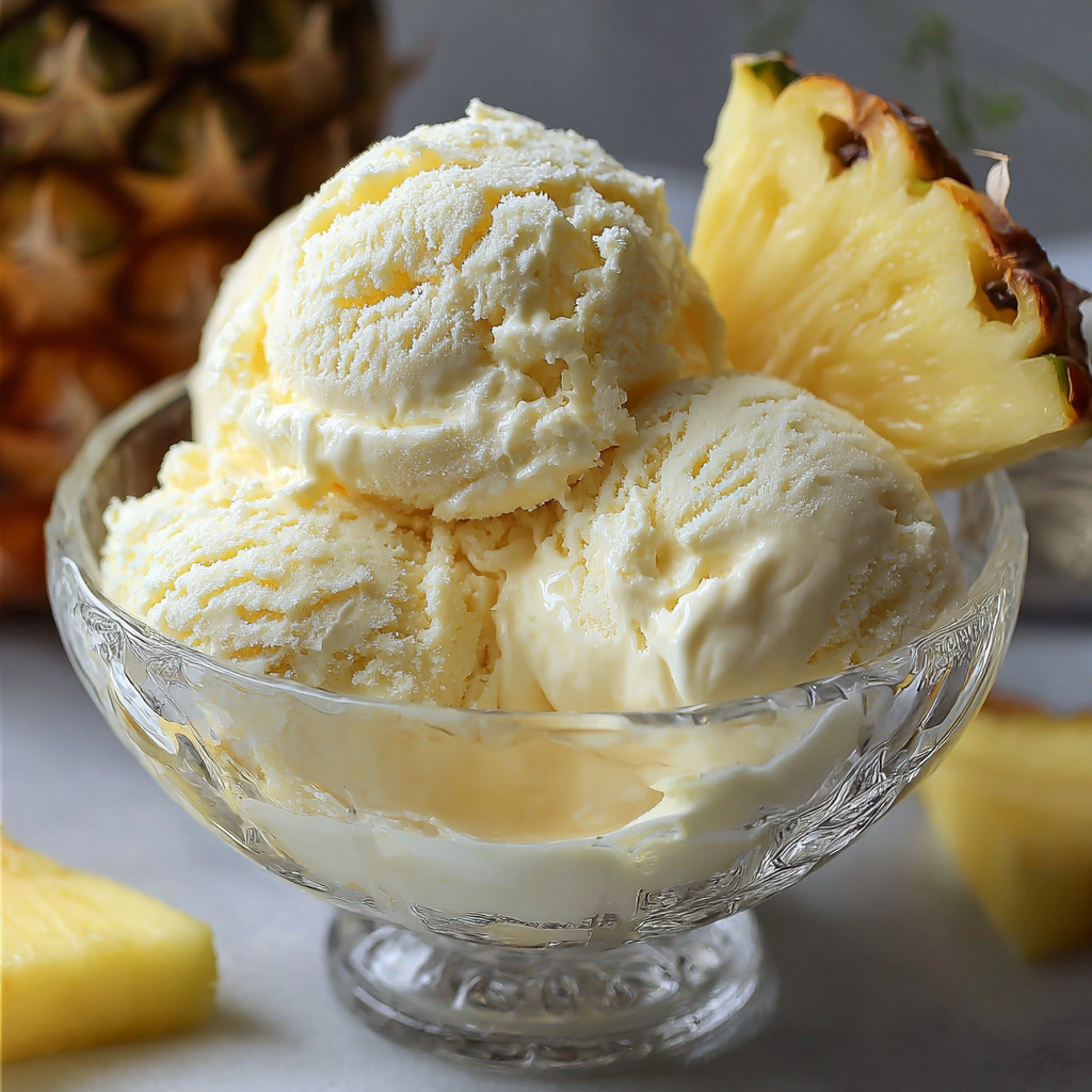 A bowl of pineapple ice cream with a pineapple wedge on top.