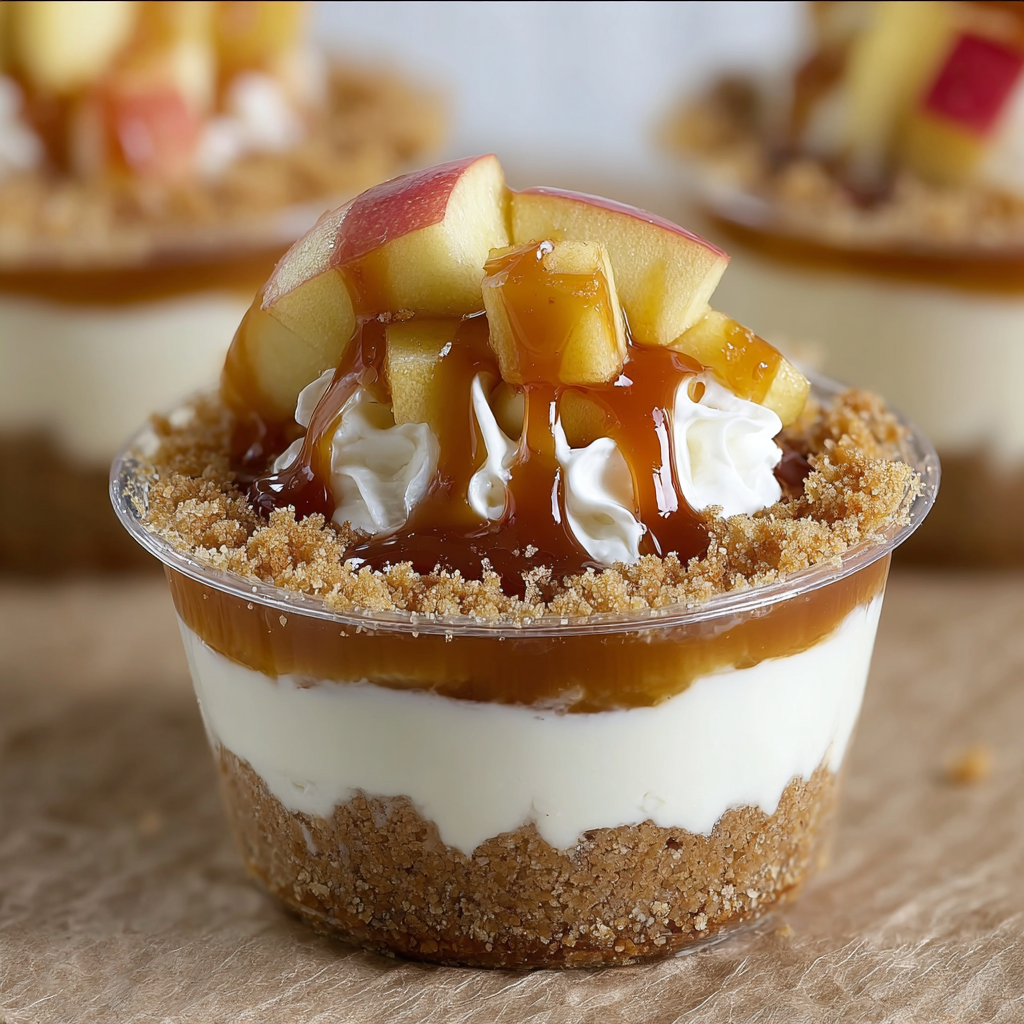A close up of a dessert cup filled with a caramel apple dessert.