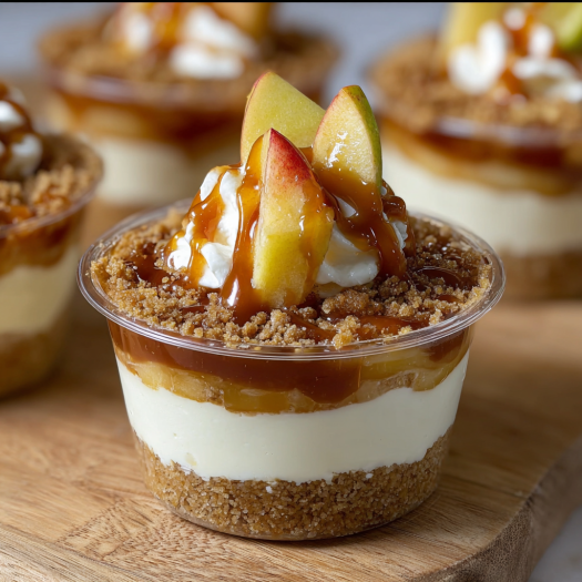 A dessert cup filled with caramel and apple slices.