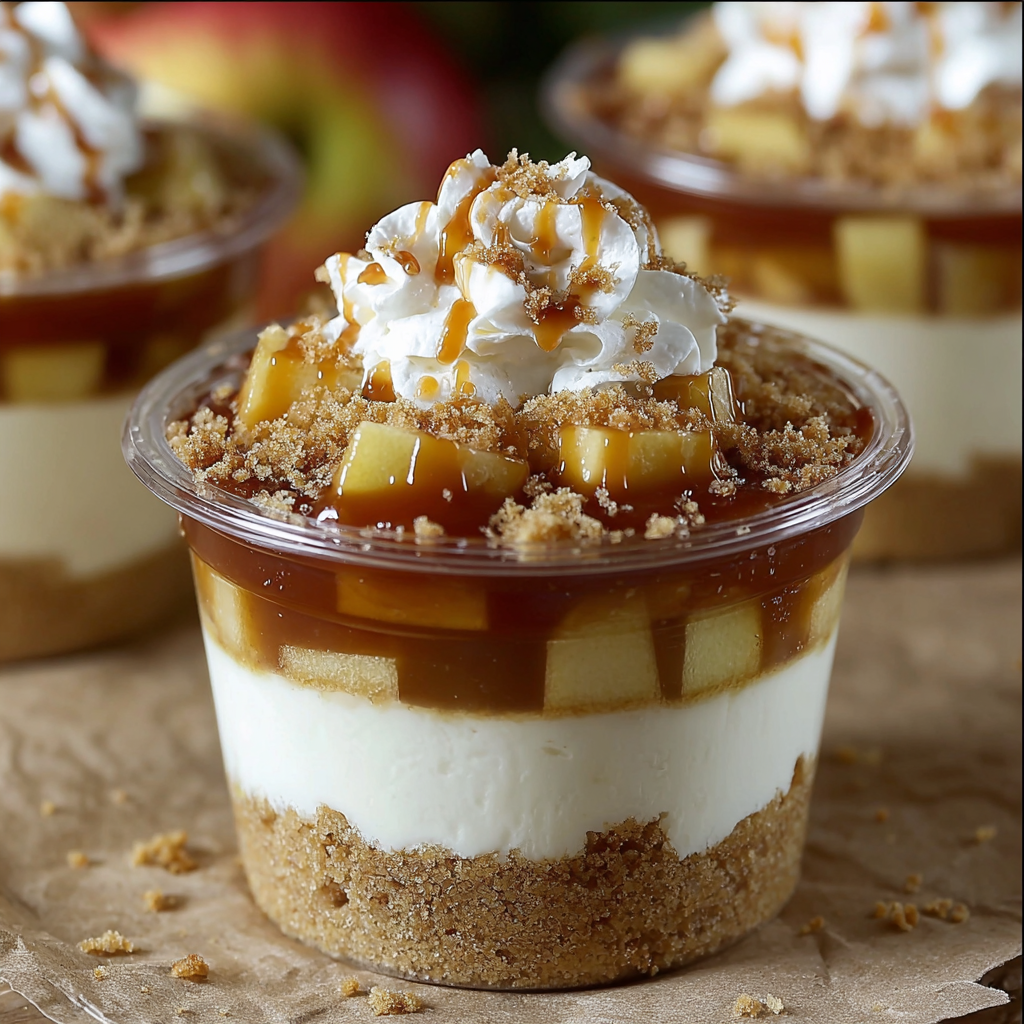 A dessert cup filled with a caramel apple dessert.