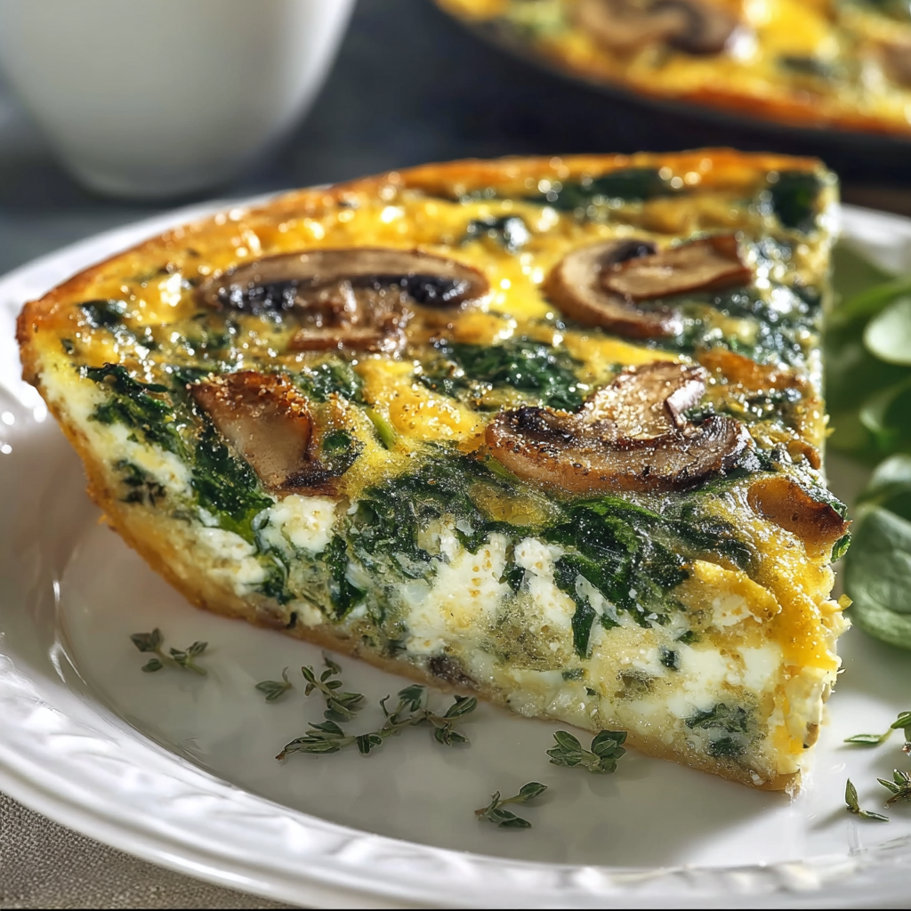A slice of mushroom and spinach quiche on a white plate.