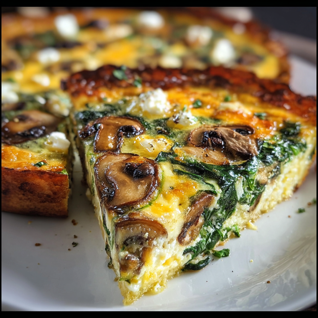 A slice of quiche with mushrooms and spinach on a white plate.