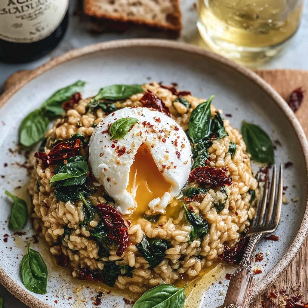 A delicious spinach and sun-dried tomato risotto with a melting burrata cor.