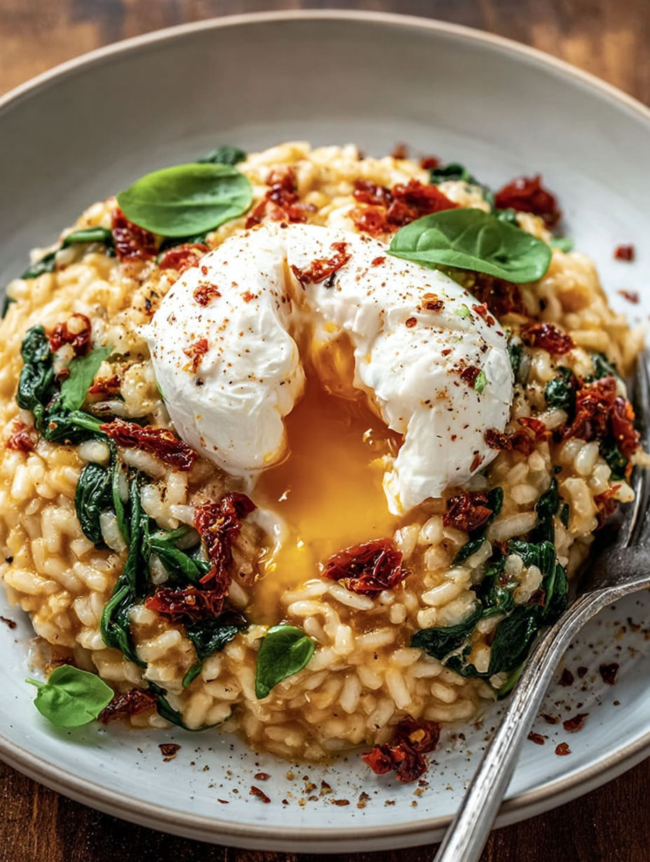 A delicious spinach and sun-dried tomato risotto with a melting burrata cor.
