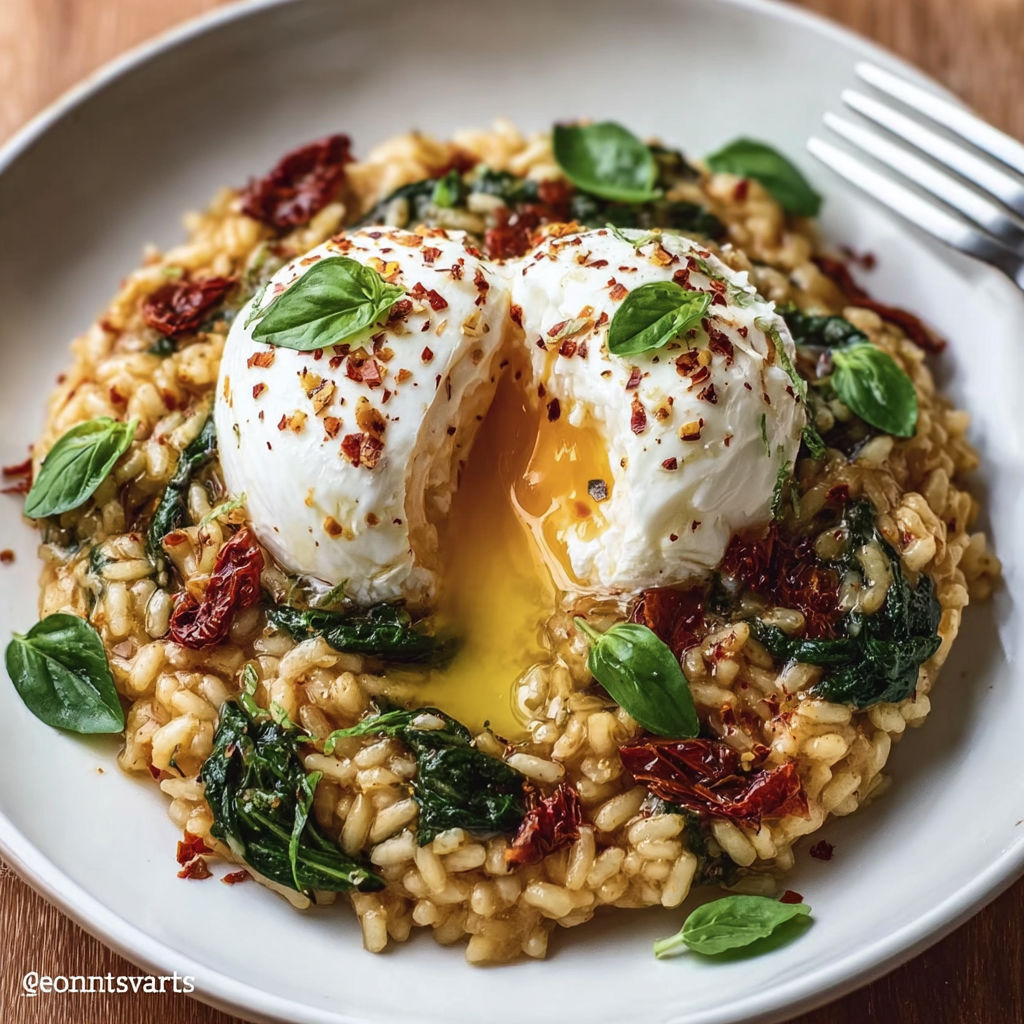 A plate of Spinach & Sun-Dried Tomato Risotto with a Melting Burrata Cor.