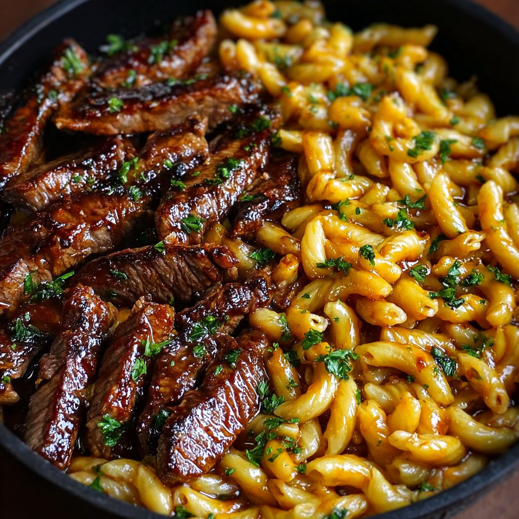 A delicious One-Pot Smoky Honey BBQ Steak Pasta dish, featuring tender steak and creamy pasta, is served in a black bowl.