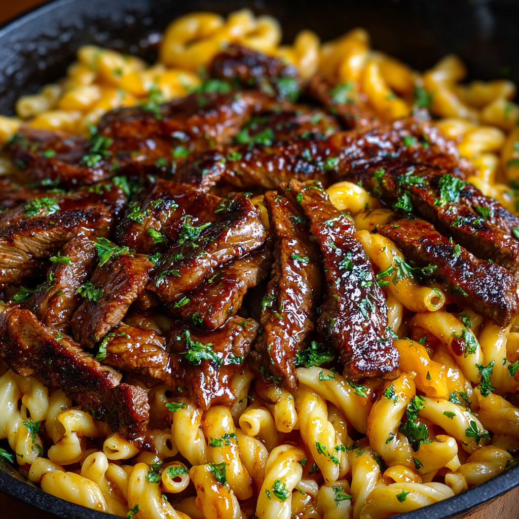 A delicious one-pot smoky honey BBQ steak pasta dish, ready to be enjoyed.