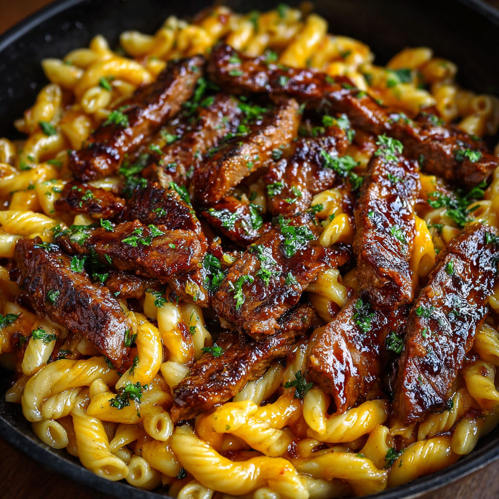 A delicious one-pot smoky honey BBQ steak pasta dish, ready to be served.