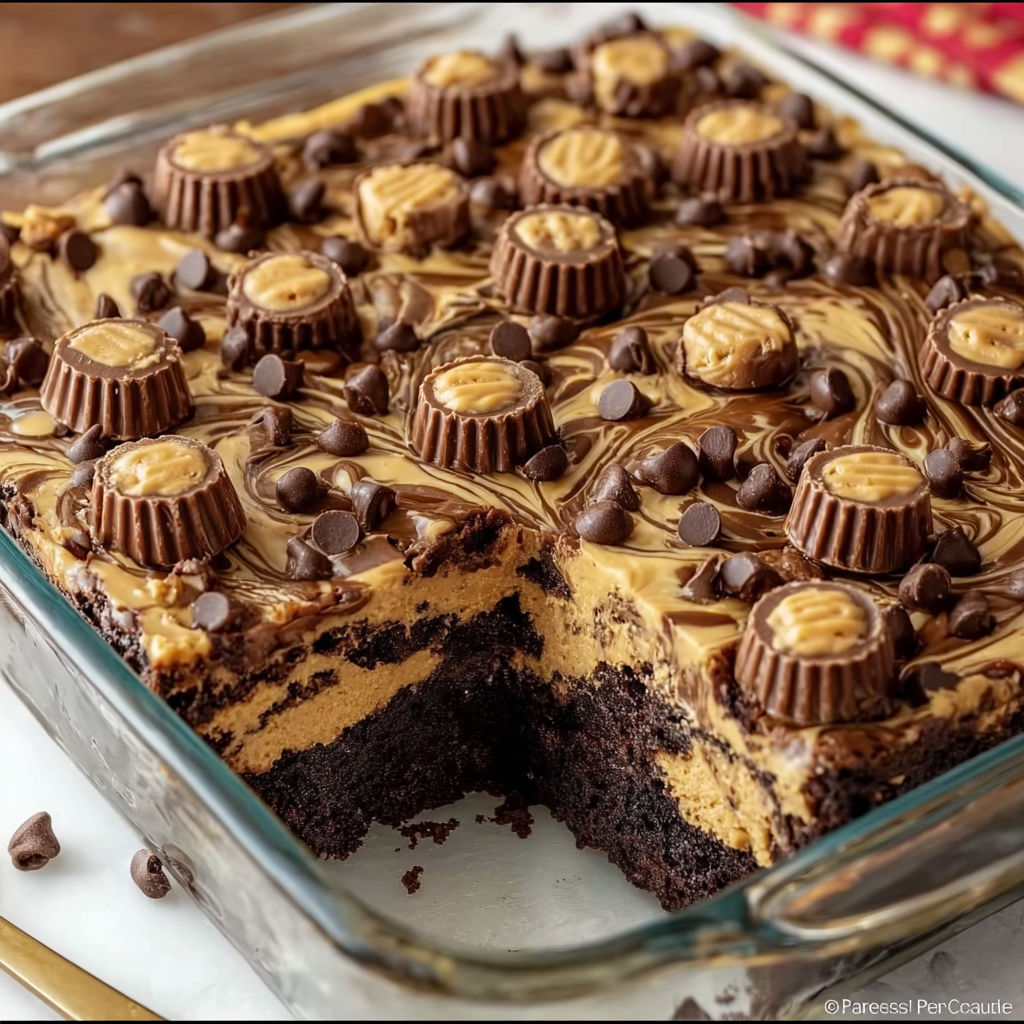 A slice of Reese's Peanut Butter Earthquake Cake is displayed in a glass pan.