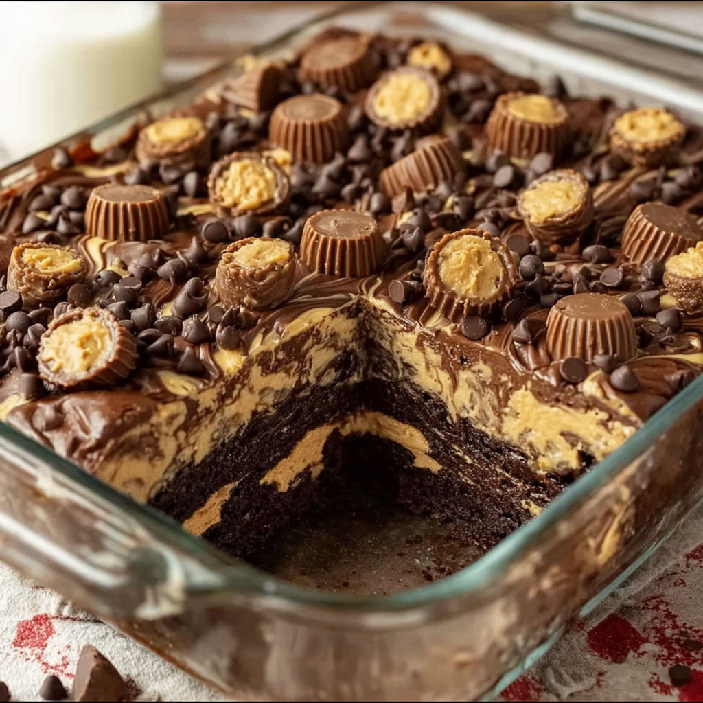 A slice of chocolate cake with peanut butter cups on top.