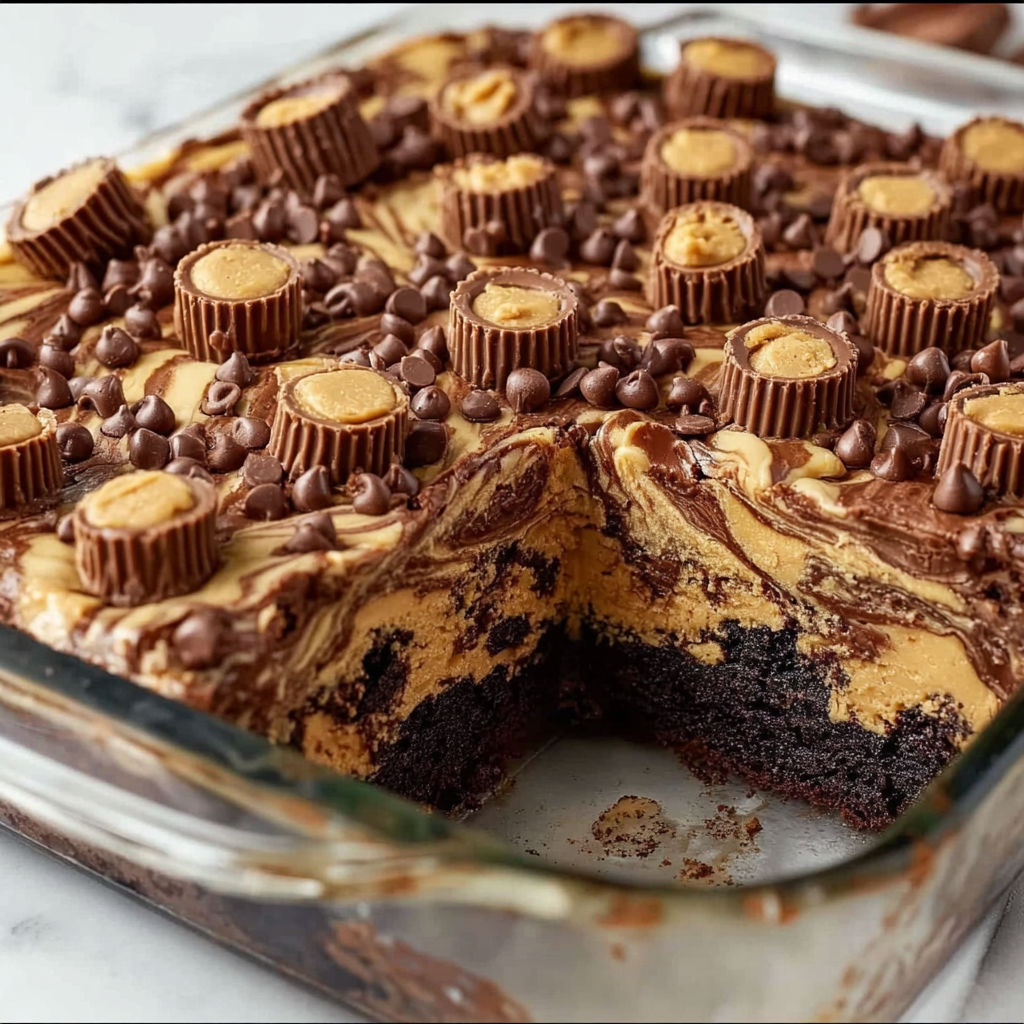 A slice of cake with peanut butter and candy toppings.