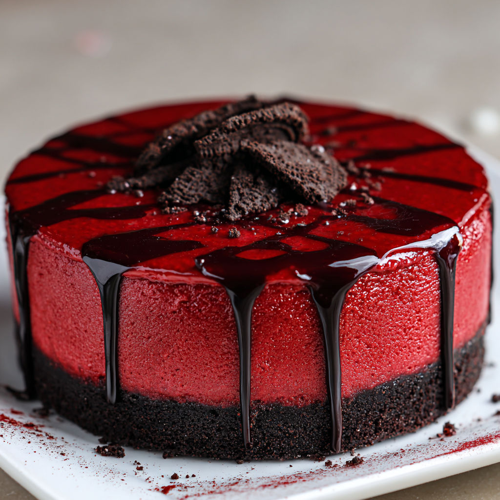 A slice of Vampire Bite Red Velvet Cheesecake with chocolate drizzle.