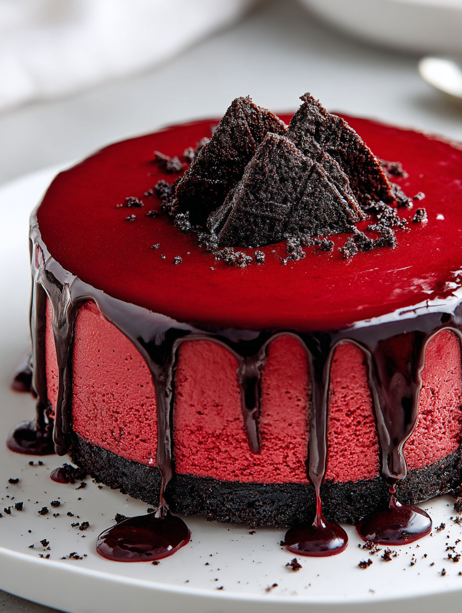 A slice of Vampire Bite Red Velvet Cheesecake with chocolate drizzle and black crumbles.