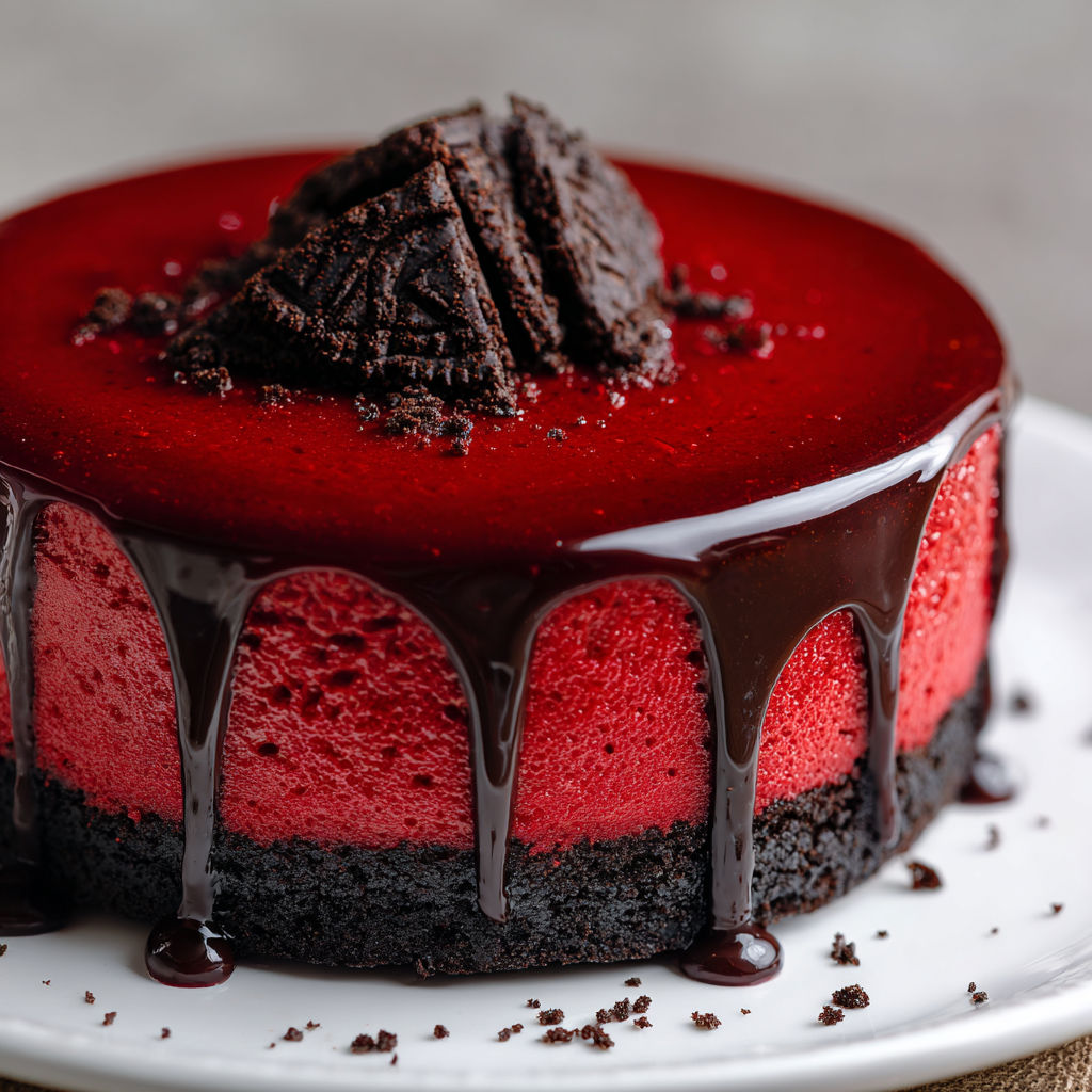 A slice of Vampire Bite Red Velvet Cheesecake with chocolate drizzle on a white plate.
