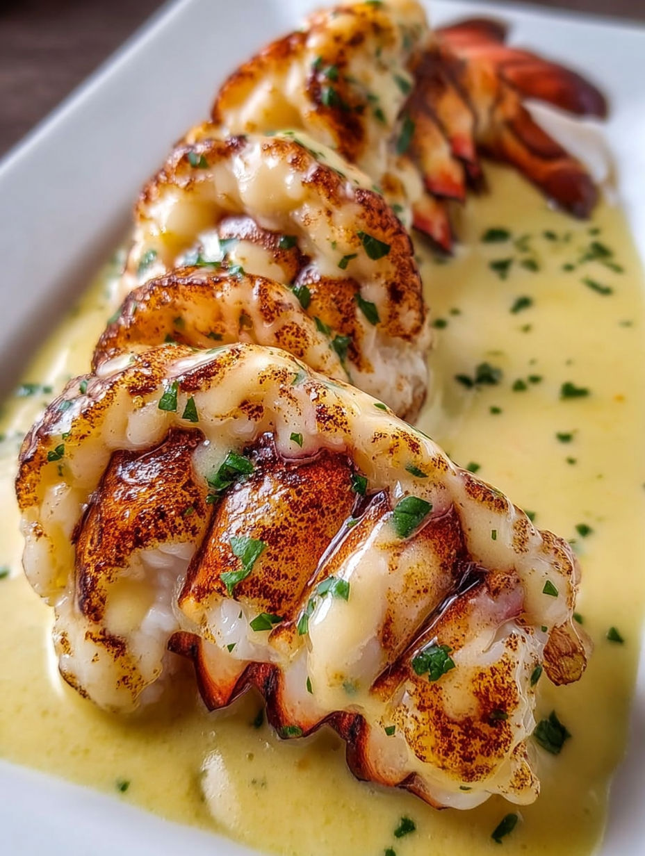 A plate of lobster with a creamy sauce on top.