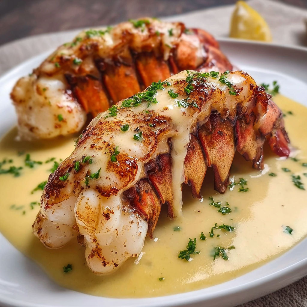 A plate of lobster with a creamy sauce on top.