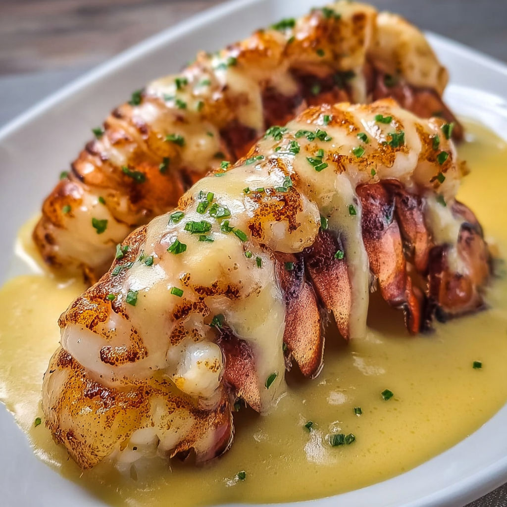 Two lobster tails with garlic cream sauce on a white plate.