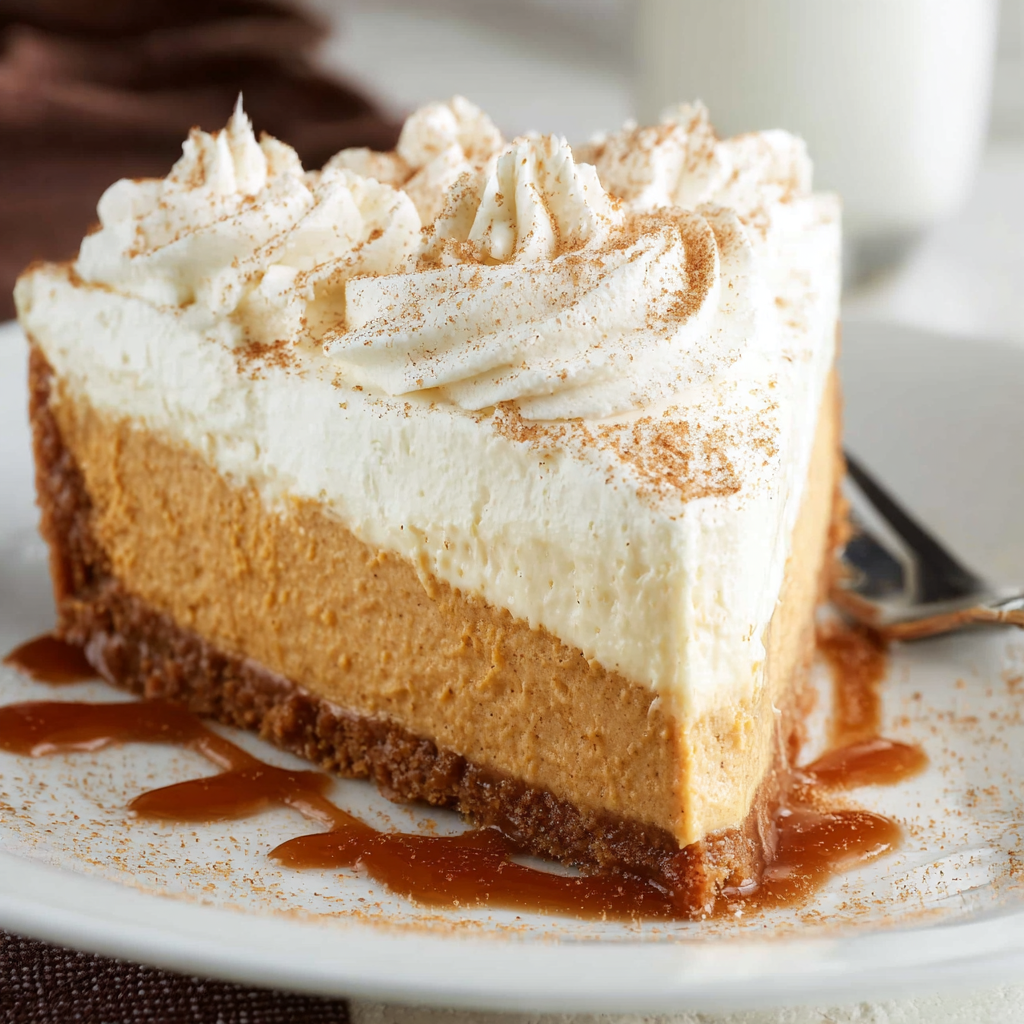 A slice of No Bake Pumpkin Cheesecake with caramel drizzle on a white plate.