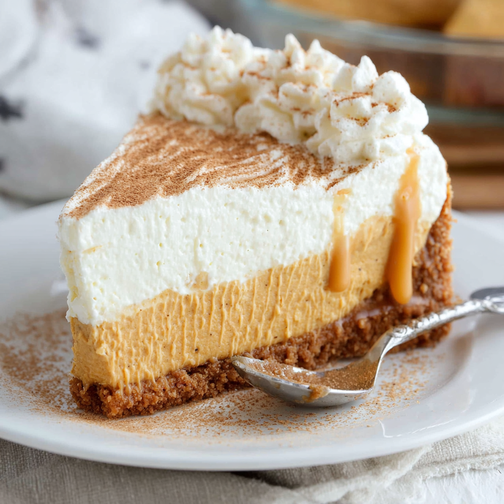 A slice of No Bake Pumpkin Cheesecake on a plate.