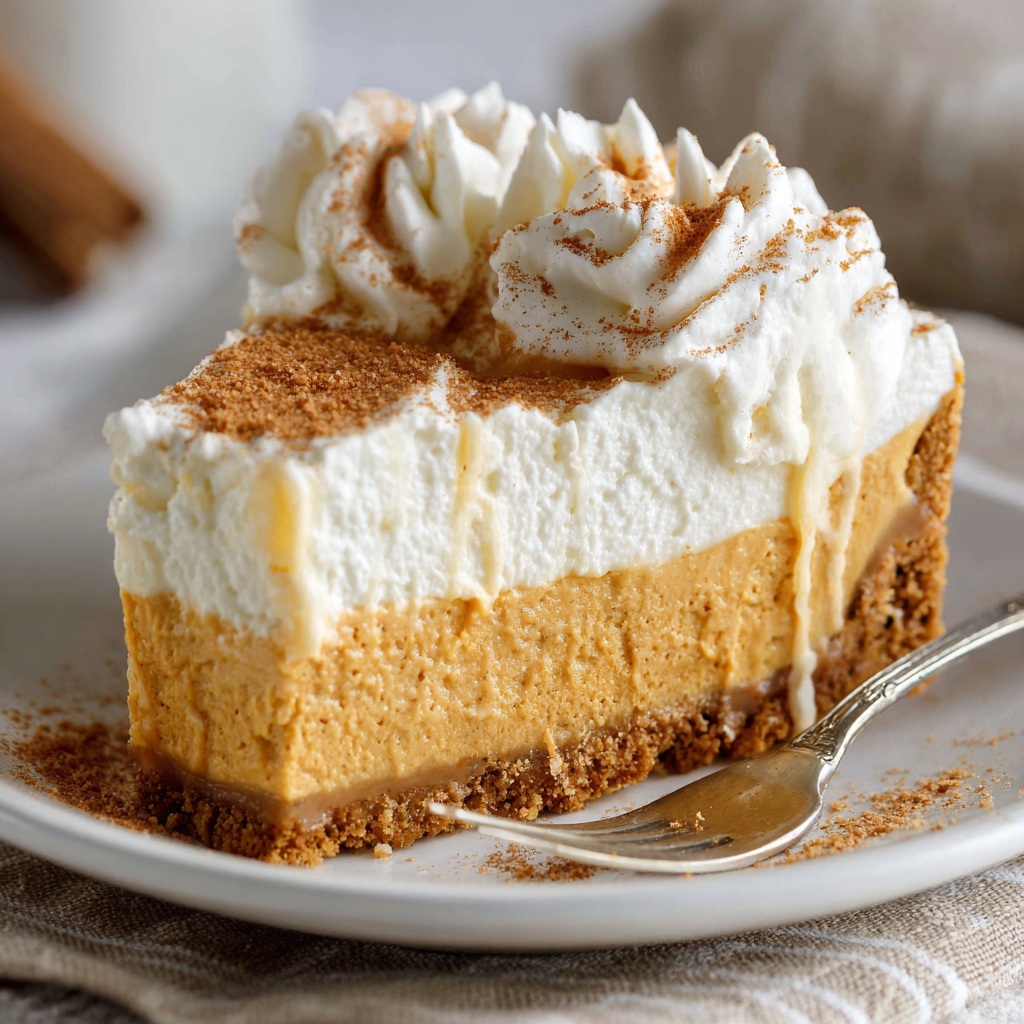 A slice of No Bake Pumpkin Cheesecake with a fork on a plate.