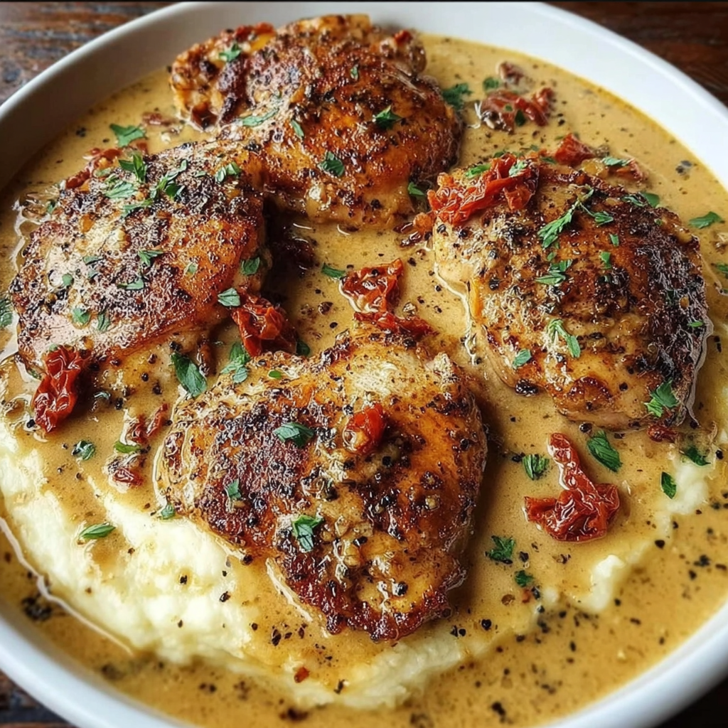 A plate of Marry Me Chicken with a sauce on top.