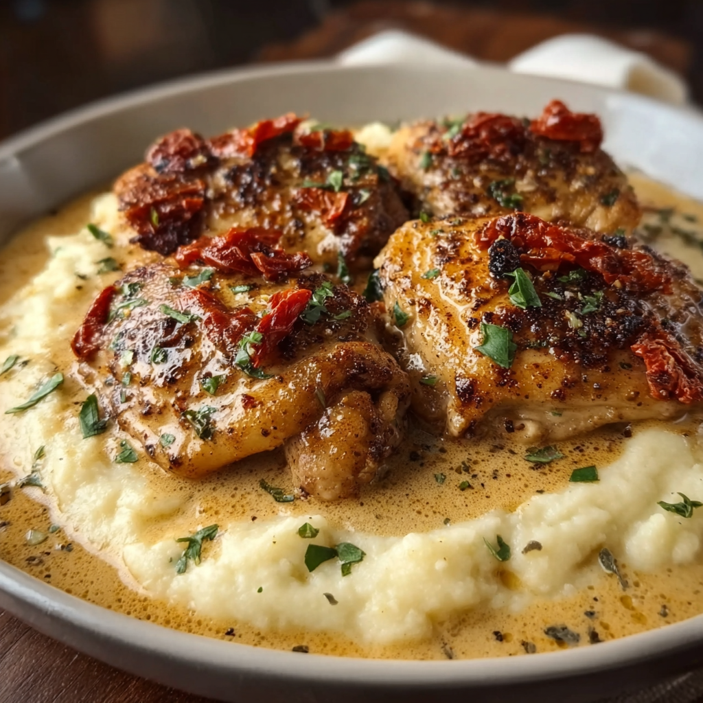 A plate of chicken with red peppers and herbs, served with a side of mashed potatoes.