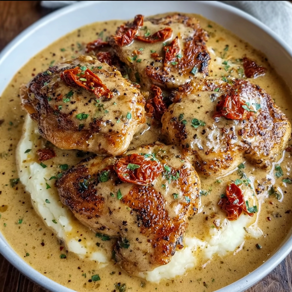 A plate of chicken covered in a creamy sauce, served with mashed potatoes and peppers.