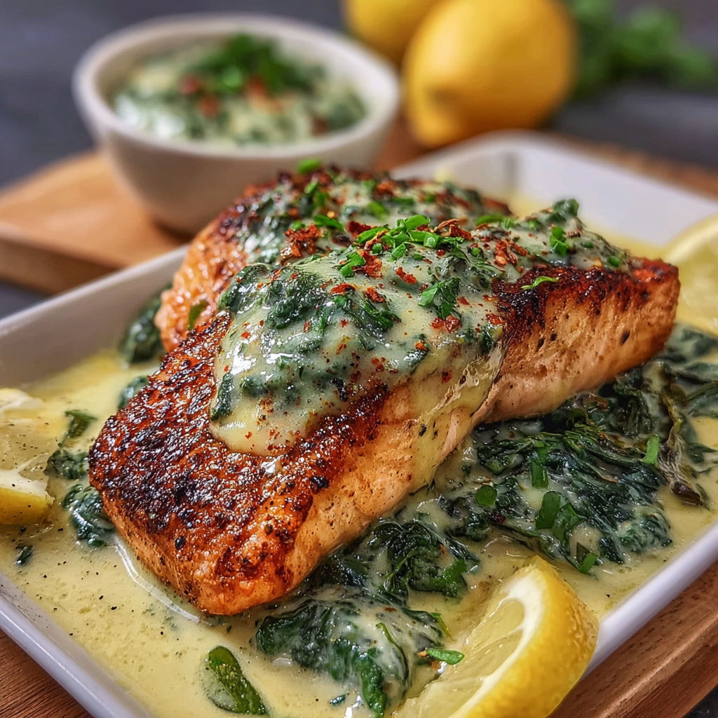 A delicious meal of baked salmon with creamy spinach sauce, accompanied by a side of lemon wedges.
