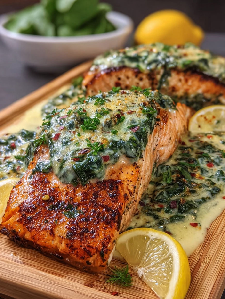 A delicious meal of baked salmon with creamy spinach sauce.