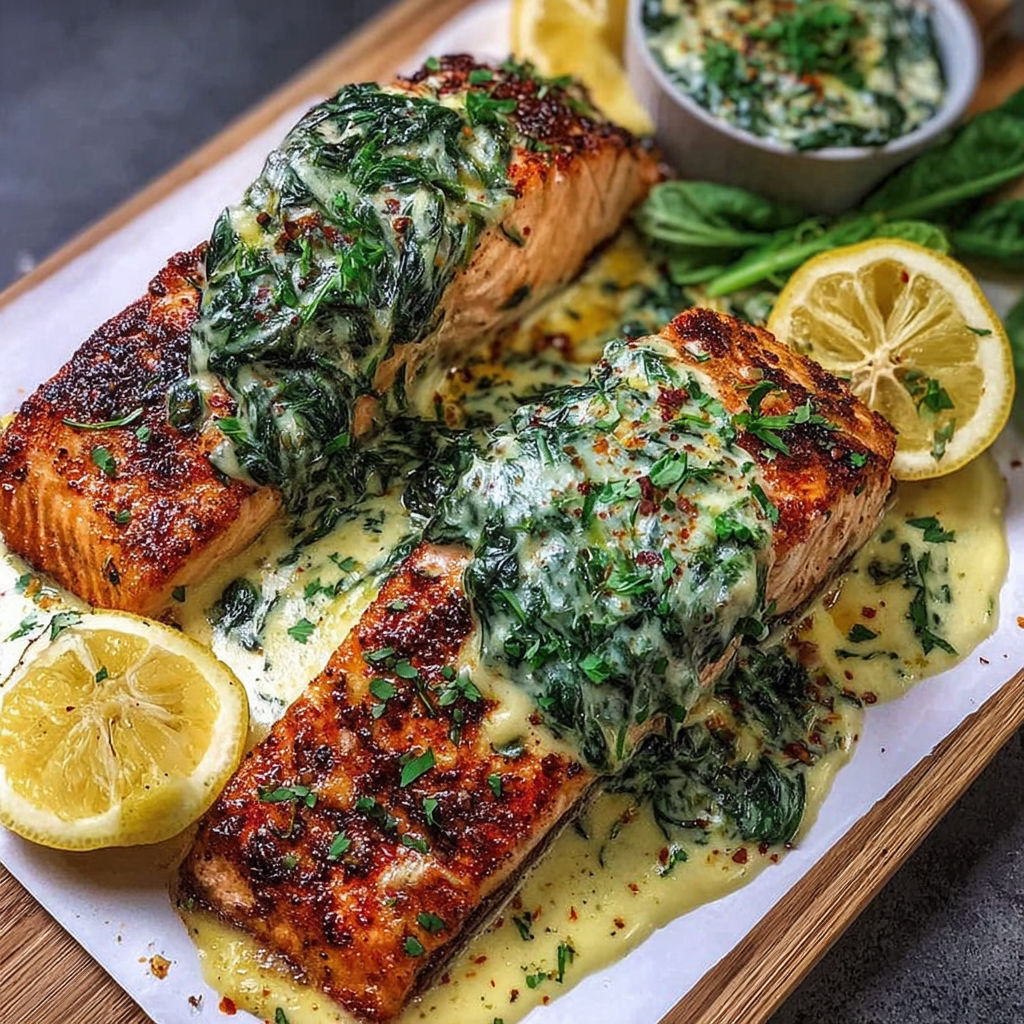 A delicious meal of baked salmon with creamy spinach sauce.