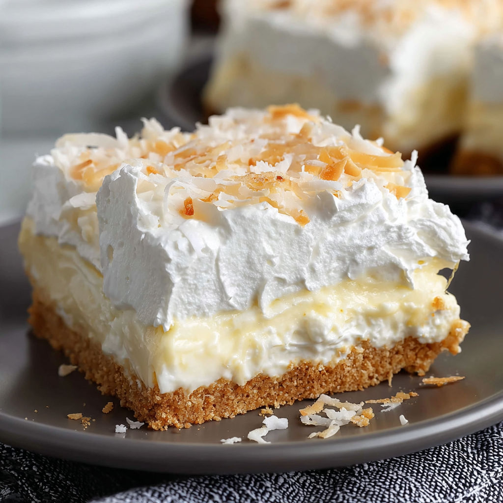 A slice of Coconut Cream Lush is served on a plate.