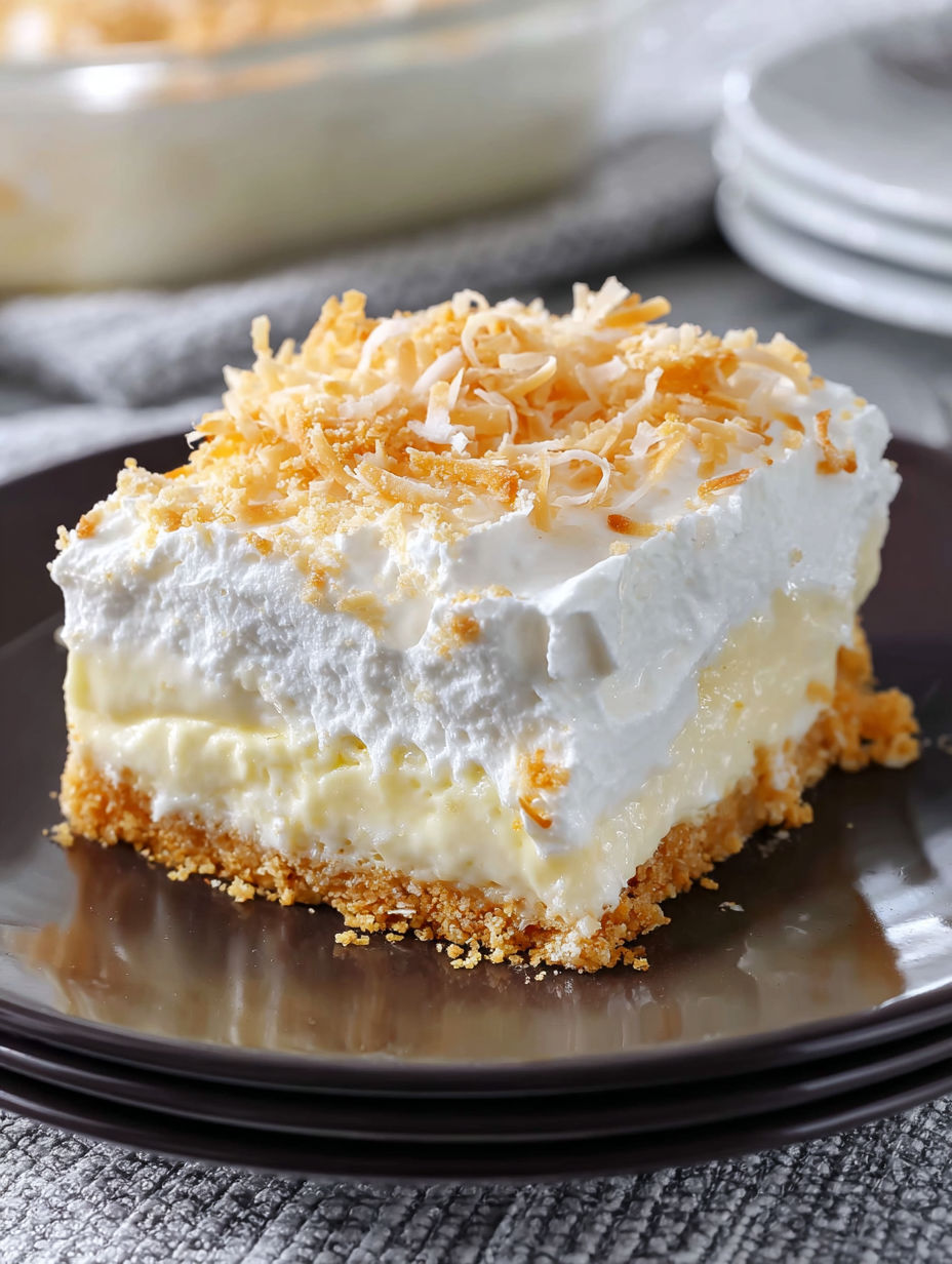 A slice of coconut cream pie on a plate.