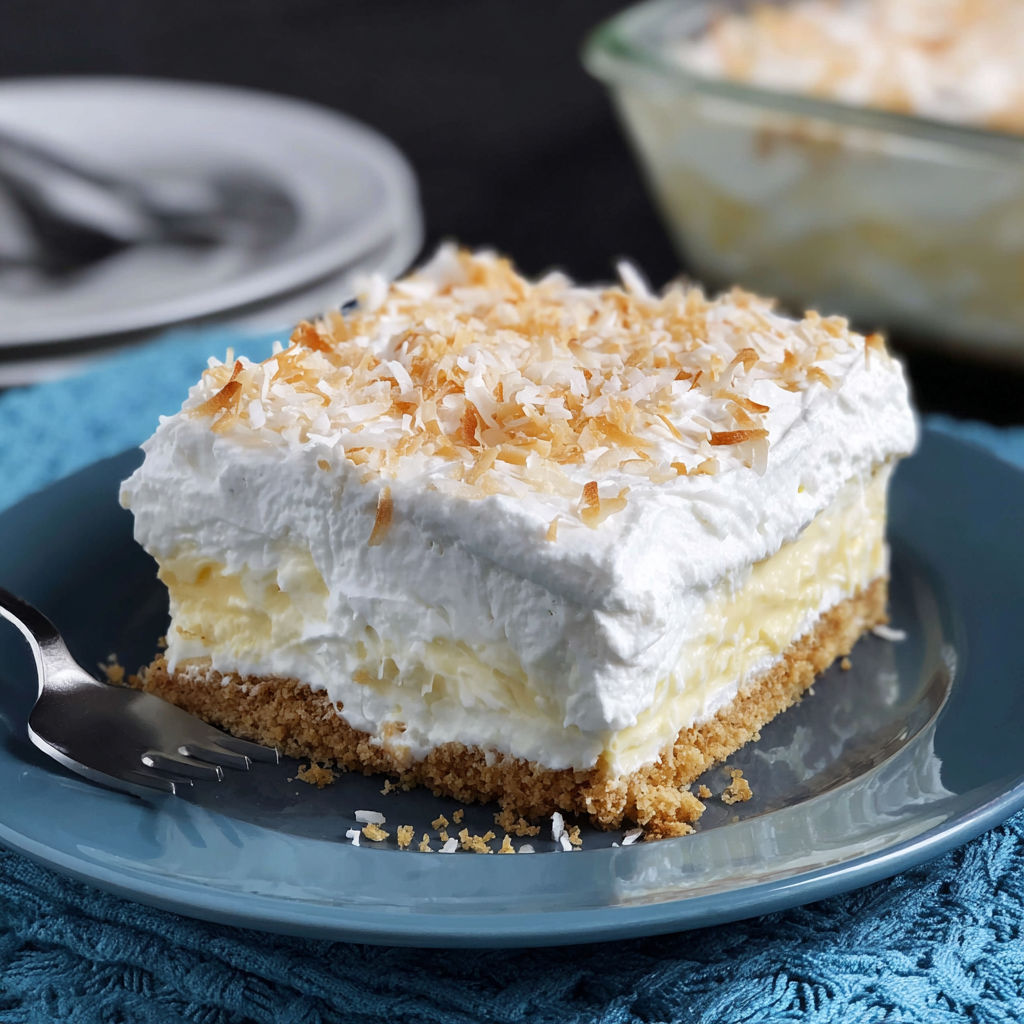 A slice of coconut cream pie is served on a blue plate.