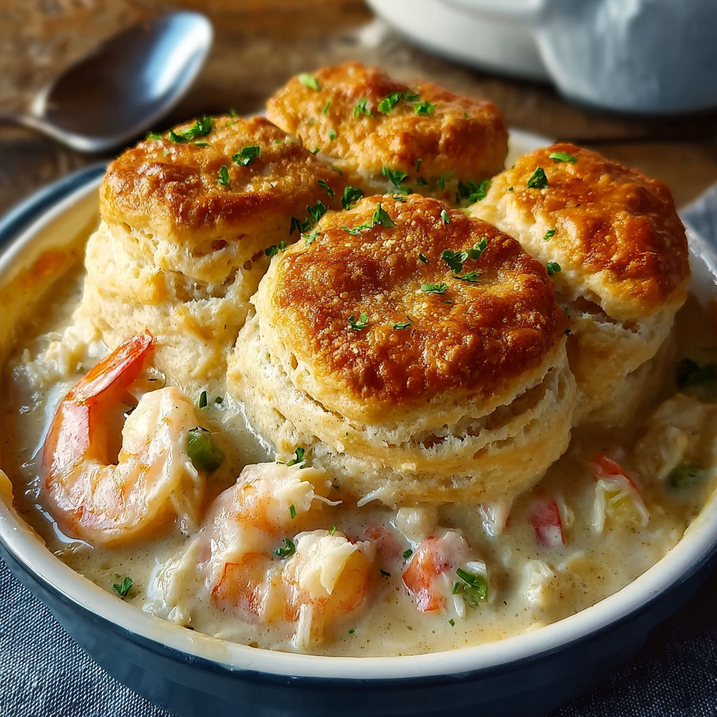 A bowl of Cheddar Bay Seafood Pie with a spoon inside.